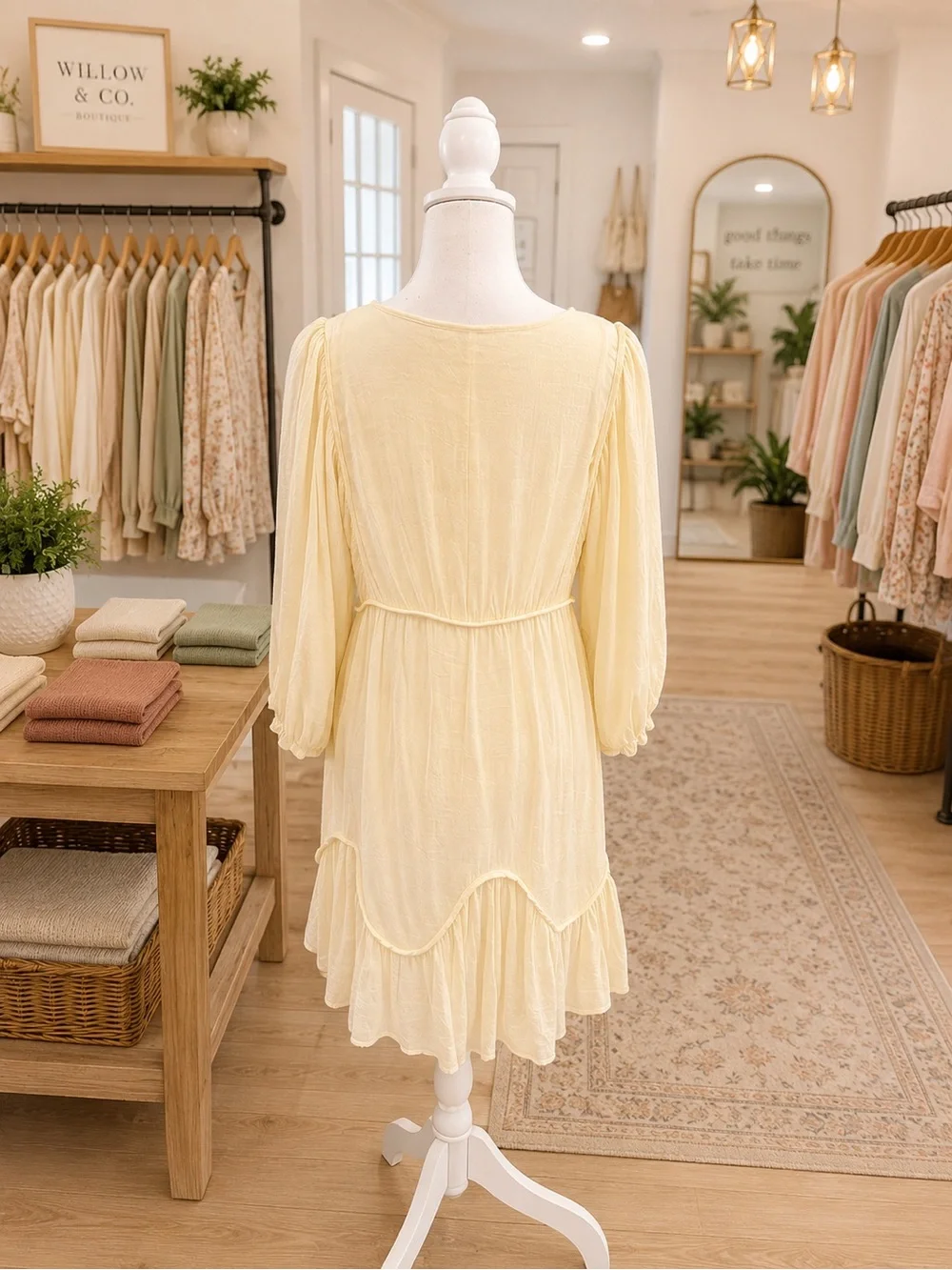 Umgee Buttercream Babydoll Dress Large Boho Ruffle Hem Long Sleeve